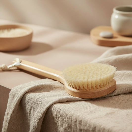 natural sisal body brush with short wooden handle for dry brushing routine