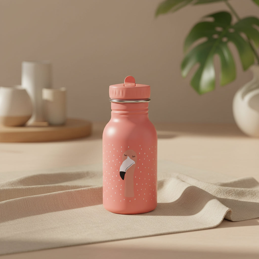 stainless steel water bottle for kids with flamingo design and handle