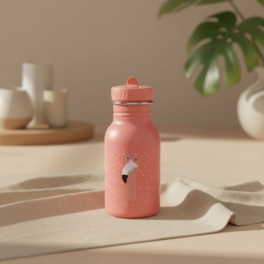 stainless steel water bottle for kids with flamingo design and handle