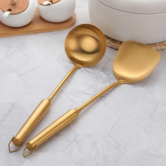 Long handled stainless steel spatula and spoon set in multiple colour variants