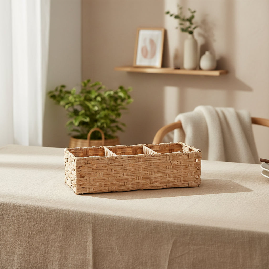 multi compartment storage basket in light brown for organised home use