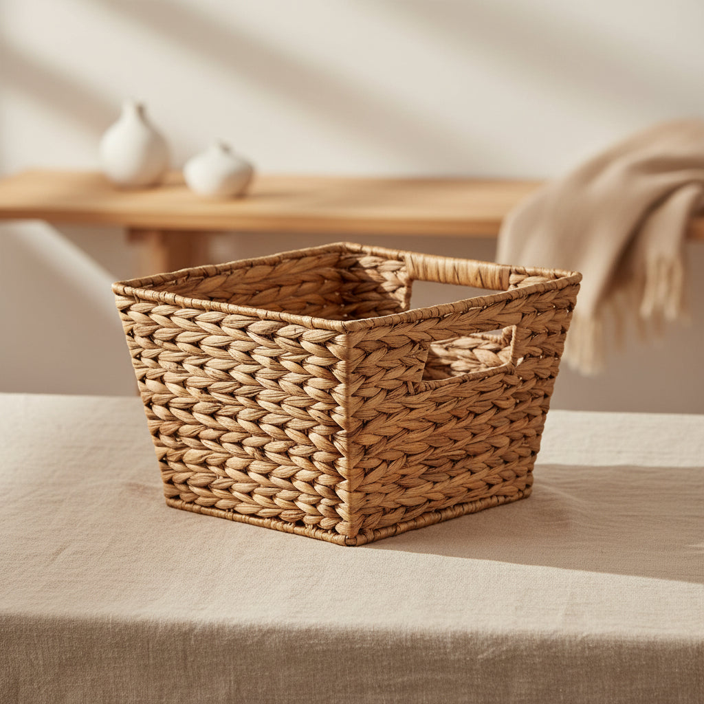 woven storage basket with handles made from natural hyacinth material