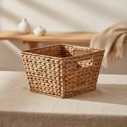 woven storage basket with handles made from natural hyacinth material