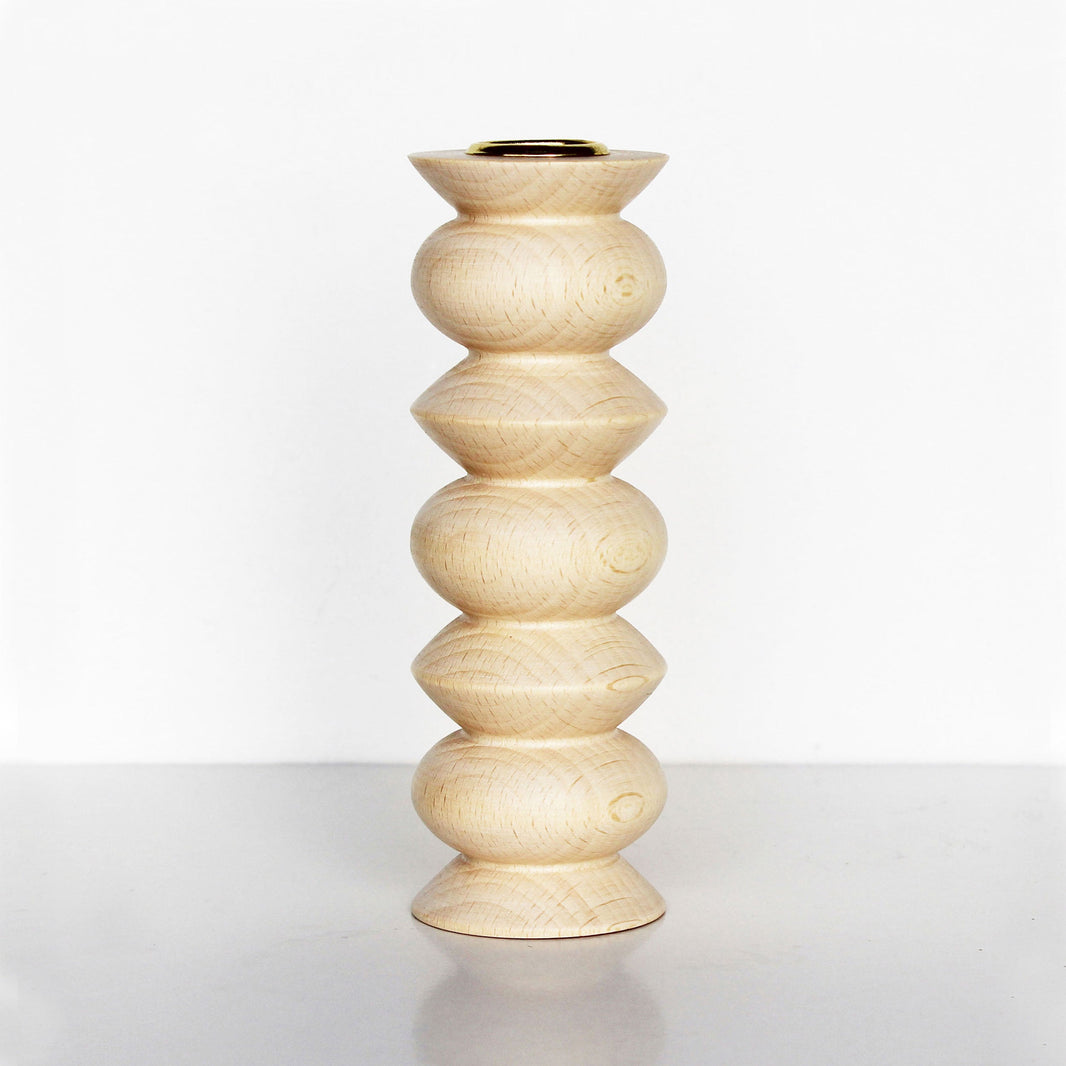 tall handmade wooden candle holder made of beech wood with brass insert