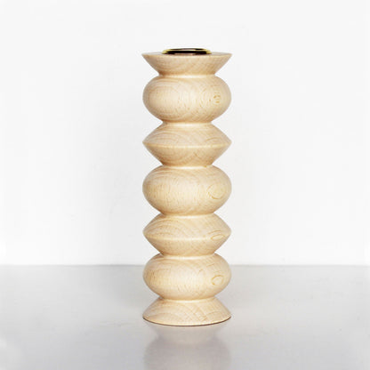 tall handmade wooden candle holder made of beech wood with brass insert