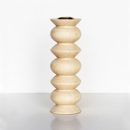 tall handmade wooden candle holder made of beech wood with brass insert