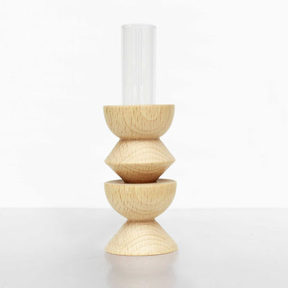 wooden totem vase with glass tube for minimal flower arrangement