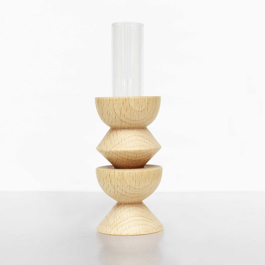 wooden totem vase with glass tube for minimal flower arrangement