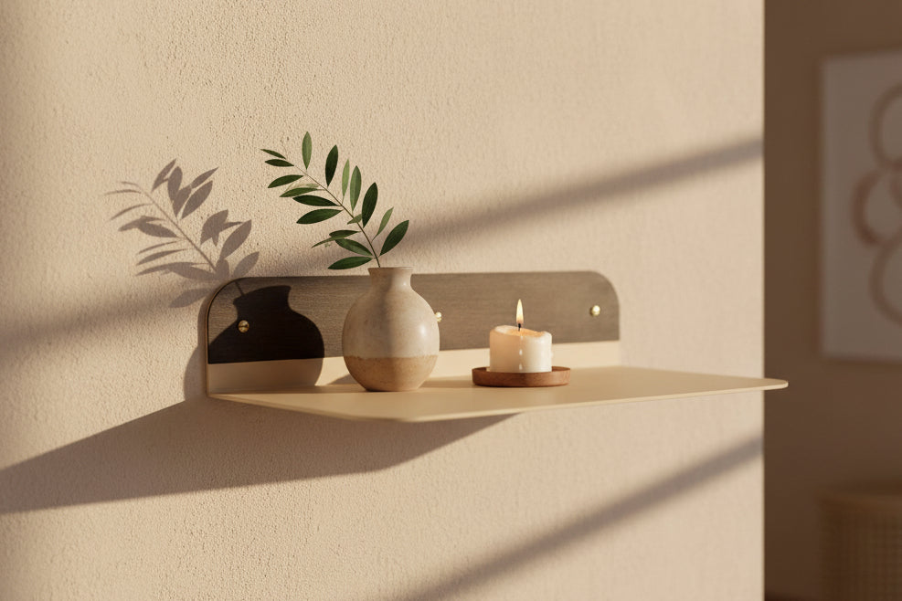 minimal metal wall shelf with rounded edges for plants and decor