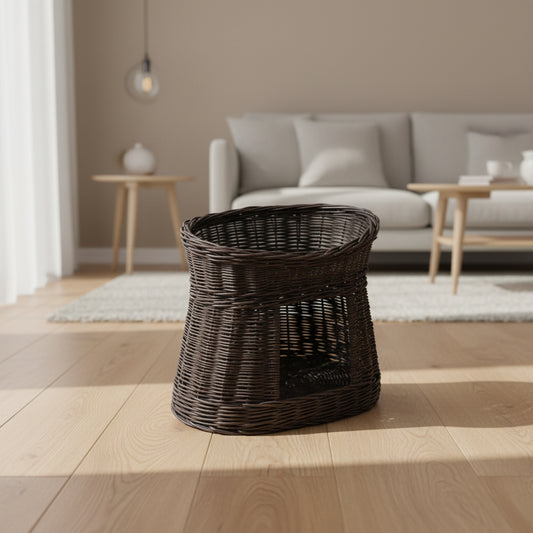 dark wicker cat house with two levels