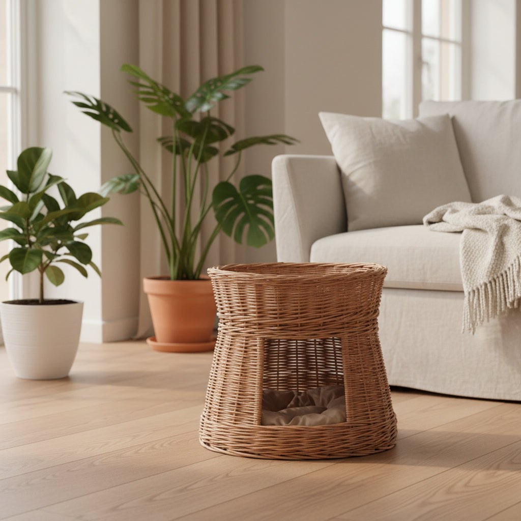 two level wicker cat house with cushions