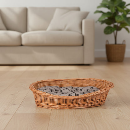 natural wicker dog bed with grey cushion