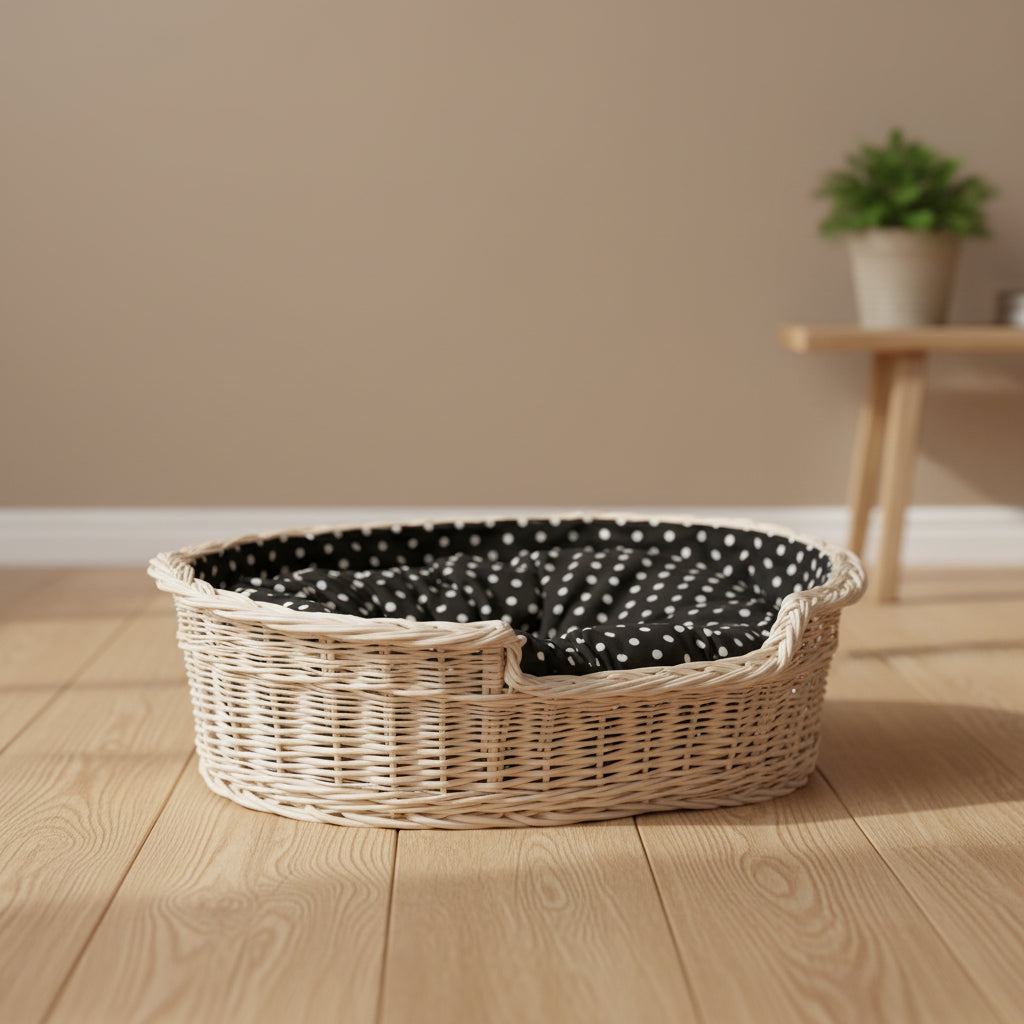whitewashed wicker dog bed with cushion