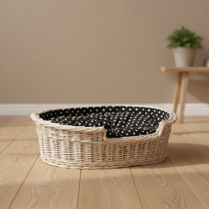 whitewashed wicker dog bed with cushion
