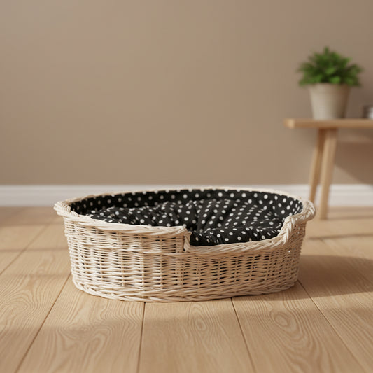 whitewashed wicker dog bed with cushion