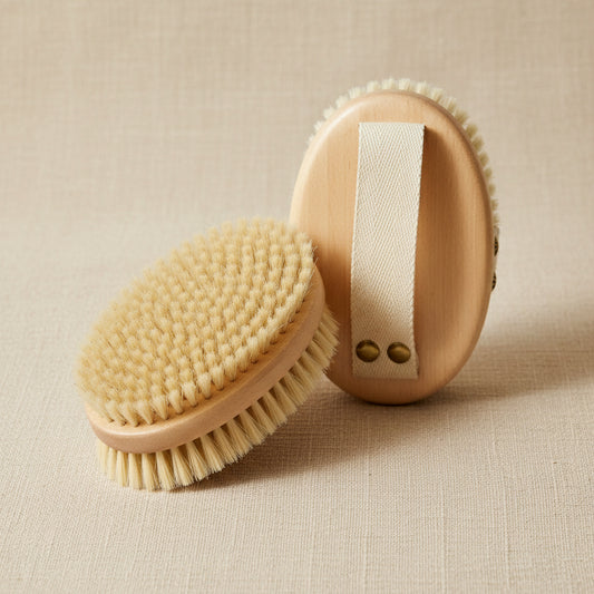 wooden body brush used for dry brushing skin care routine