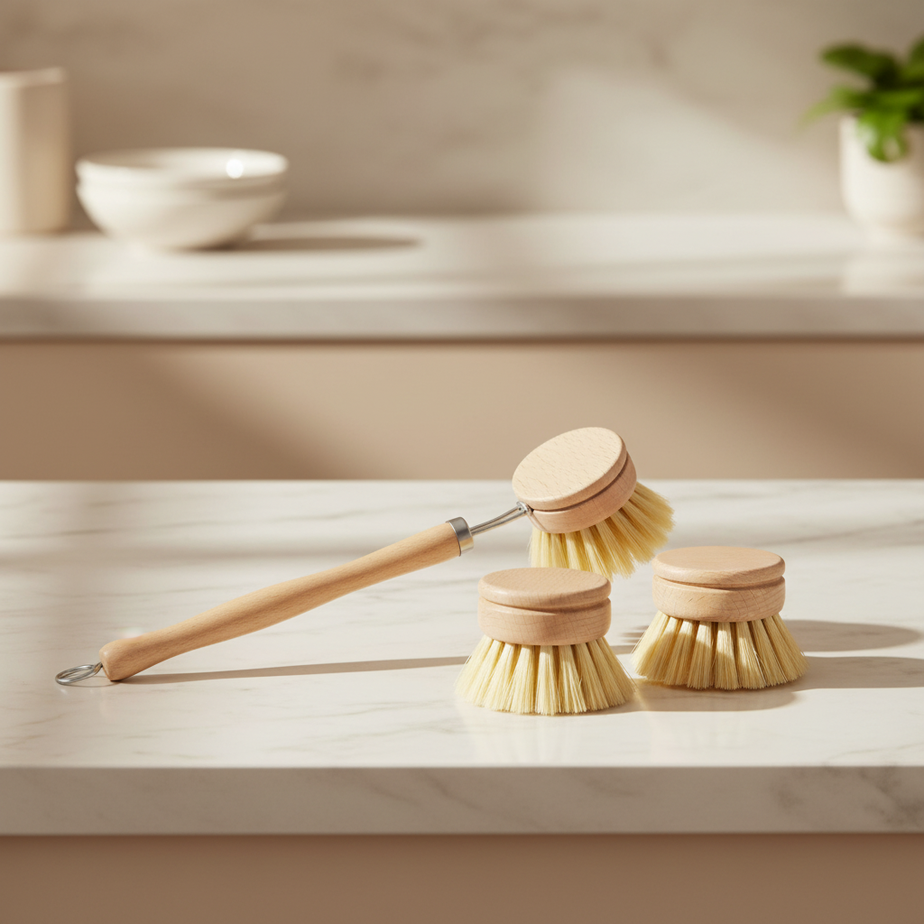 wooden dish brush with bamboo handle and replaceable sisal brush head