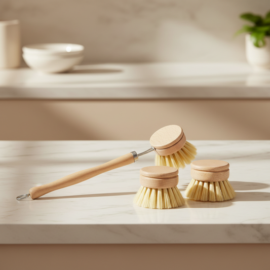 wooden dish brush with bamboo handle and replaceable sisal brush head